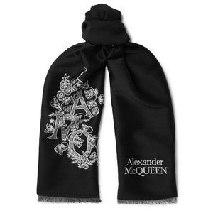 Alexander McQueen Men's Reversible Long Black Scarf Wool-Blend